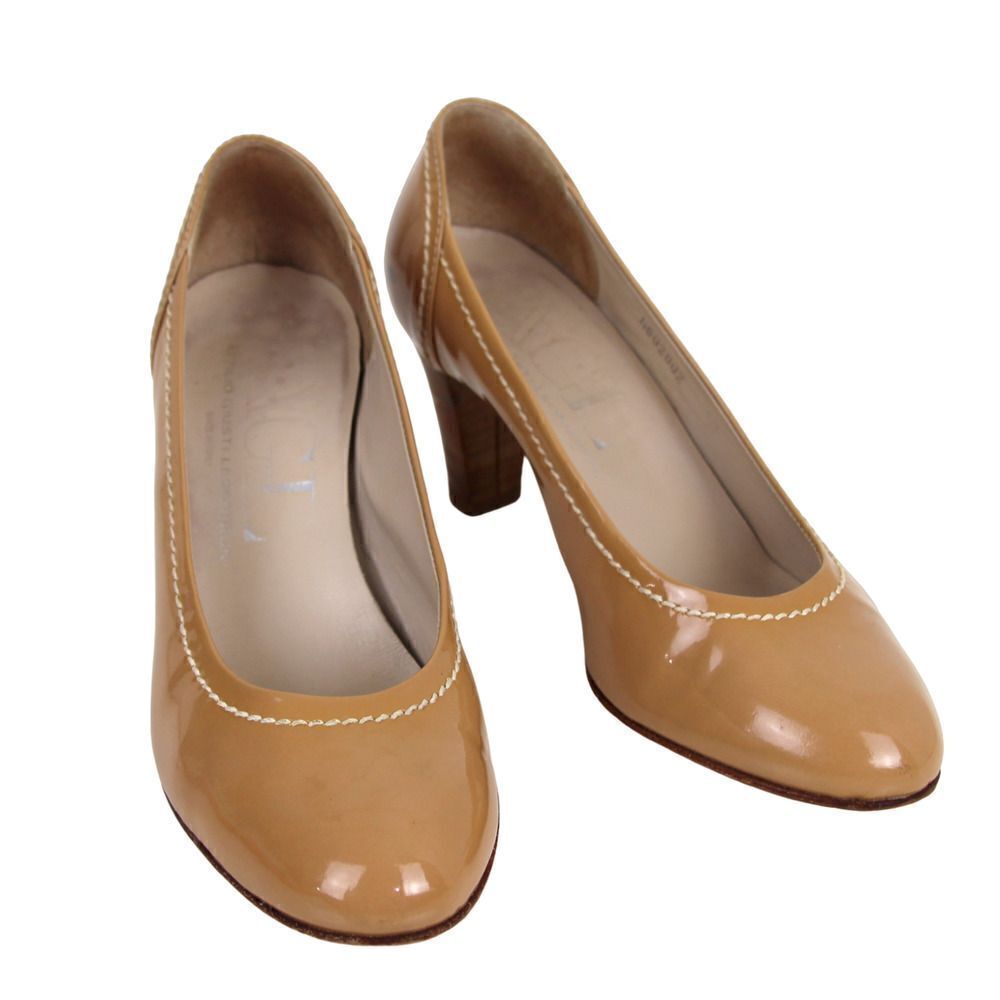 AGL Italy PATENT BEIGE GENUINE LEATHER MID HEEL ROUND TOE PUMP WOMEN'S SHOES 38